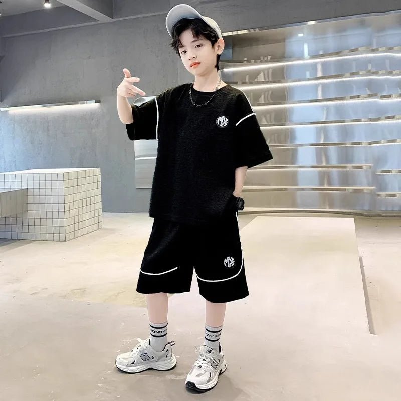 Boys Suit Child set Clothes Short-Sleeved loose black t-shirt + half pants Teenager Tracksuits Kids 8 10 12 year - Mom & Kids