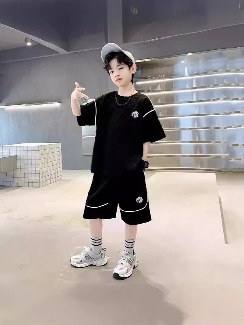 Boys Suit Child set Clothes Short-Sleeved loose black t-shirt + half pants Teenager Tracksuits Kids 8 10 12 year - Mom & Kids