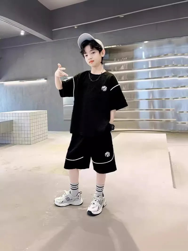Boys Suit Child set Clothes Short-Sleeved loose black t-shirt + half pants Teenager Tracksuits Kids 8 10 12 year - Mom & Kids