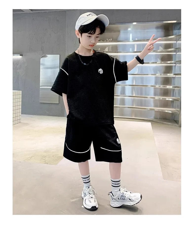 Boys Suit Child set Clothes Short-Sleeved loose black t-shirt + half pants Teenager Tracksuits Kids 8 10 12 year - Mom & Kids