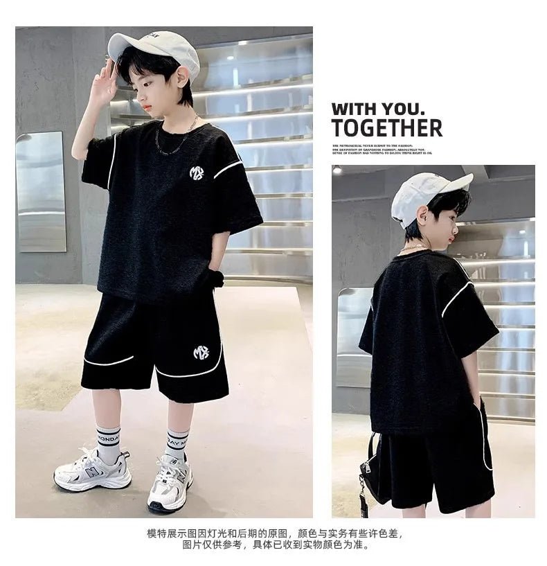 Boys Suit Child set Clothes Short-Sleeved loose black t-shirt + half pants Teenager Tracksuits Kids 8 10 12 year - Mom & Kids