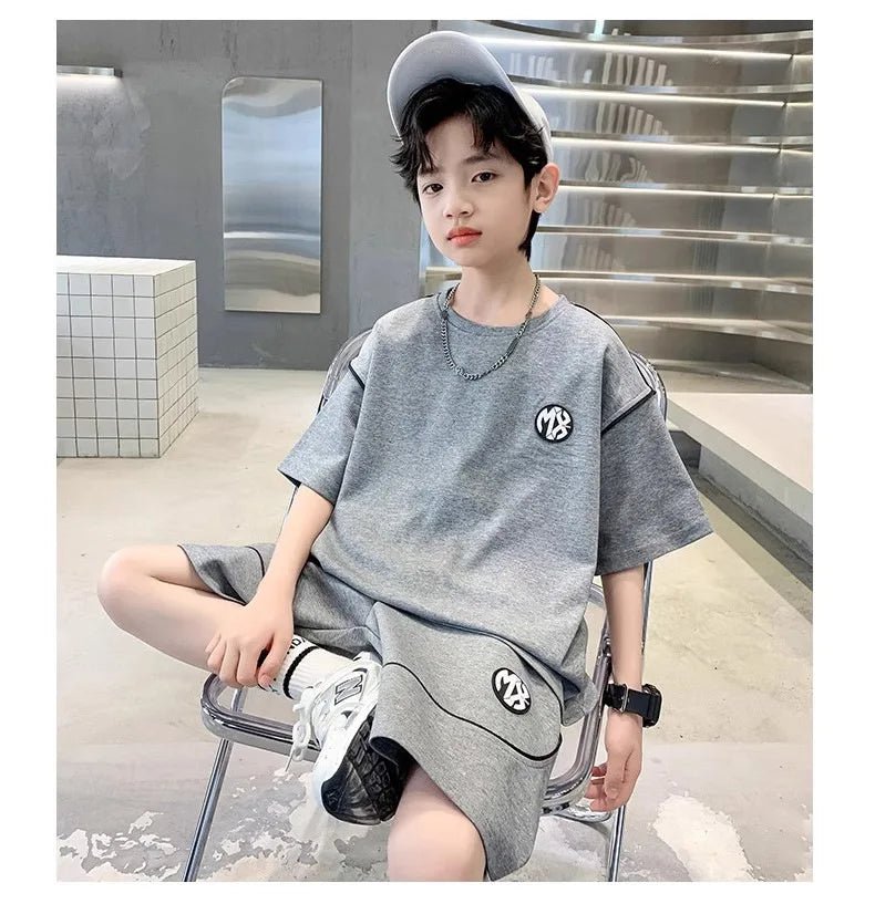 Boys Suit Child set Clothes Short-Sleeved loose black t-shirt + half pants Teenager Tracksuits Kids 8 10 12 year - Mom & Kids