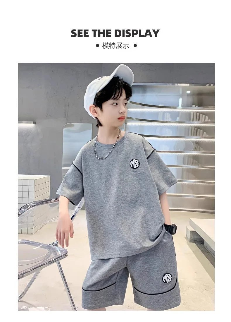 Boys Suit Child set Clothes Short-Sleeved loose black t-shirt + half pants Teenager Tracksuits Kids 8 10 12 year - Mom & Kids