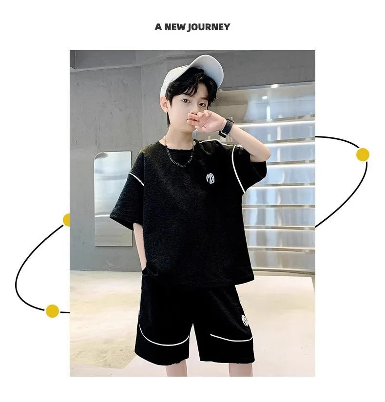Boys Suit Child set Clothes Short-Sleeved loose black t-shirt + half pants Teenager Tracksuits Kids 8 10 12 year - Mom & Kids