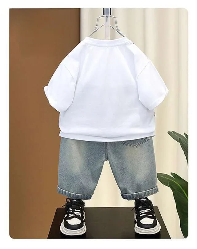 Boys Summer Clothing Set Letter Print Short Sleeved T-shirt+Denim Shorts 2Pcs Suit For Kids Handsome Casual Outfit - Mom & Kids