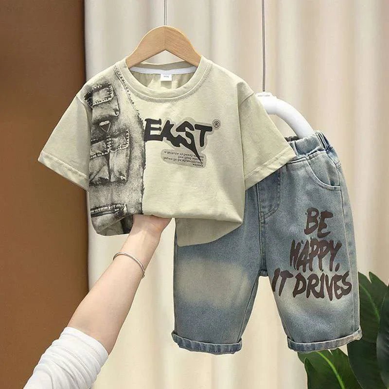Boys Summer Clothing Set Letter Print Short Sleeved T-shirt+Denim Shorts 2Pcs Suit For Kids Handsome Casual Outfit - Mom & Kids