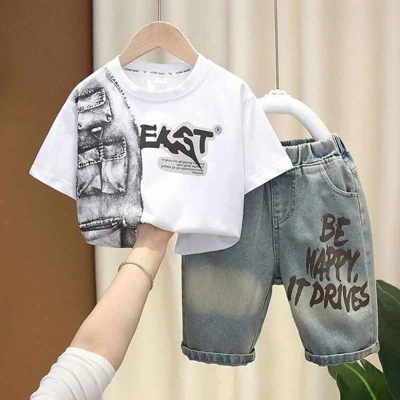 Boys Summer Clothing Set Letter Print Short Sleeved T-shirt+Denim Shorts 2Pcs Suit For Kids Handsome Casual Outfit - Mom & Kids