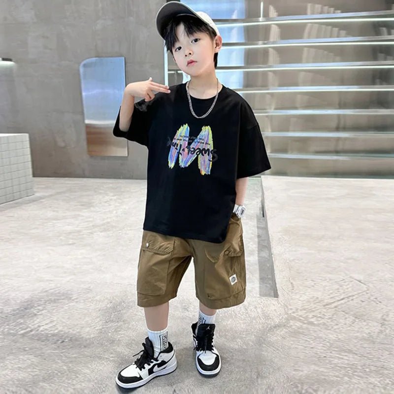 Boys Summer Clothing Sets Big Children Short-sleeved Top+Shorts Suits 2025 New Teenager T-shirt Loose Sports 2Pcs Outfits 4-14Y - Mom & Kids