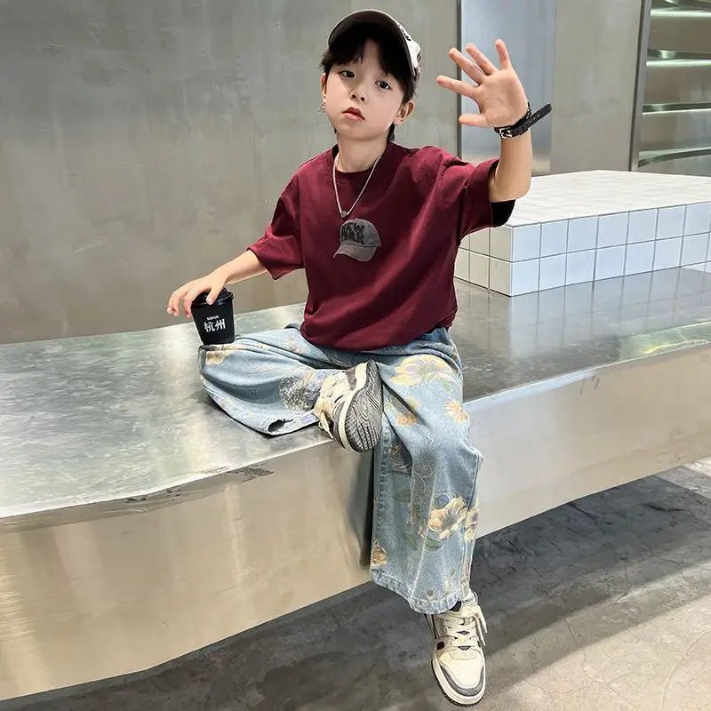 Boys' Summer Outfit Sets New Style Children's Short Sleeved T-shirt Long Pants Two-piece Suits Big Children's Stylish Sets - Mom & Kids