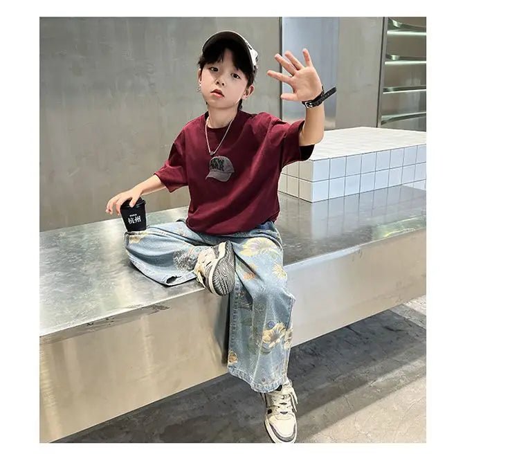 Boys' Summer Outfit Sets New Style Children's Short Sleeved T-shirt Long Pants Two-piece Suits Big Children's Stylish Sets - Mom & Kids