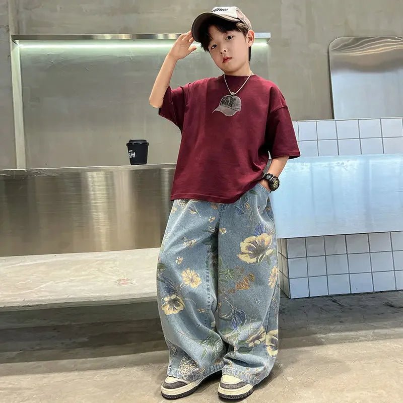 Boys' Summer Outfit Sets New Style Children's Short Sleeved T-shirt Long Pants Two-piece Suits Big Children's Stylish Sets - Mom & Kids
