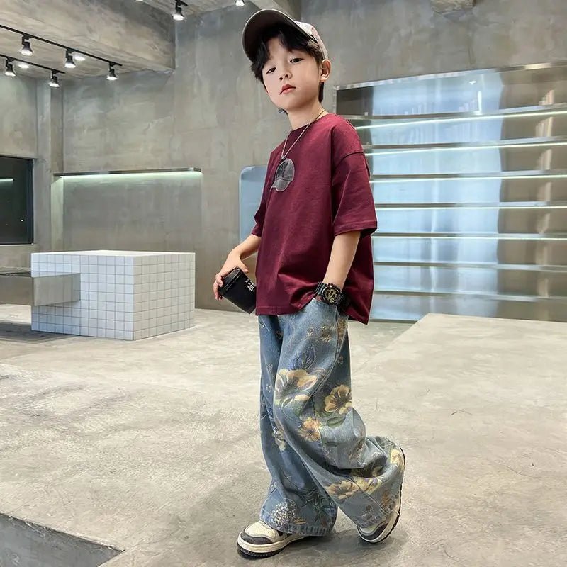 Boys' Summer Outfit Sets New Style Children's Short Sleeved T-shirt Long Pants Two-piece Suits Big Children's Stylish Sets - Mom & Kids