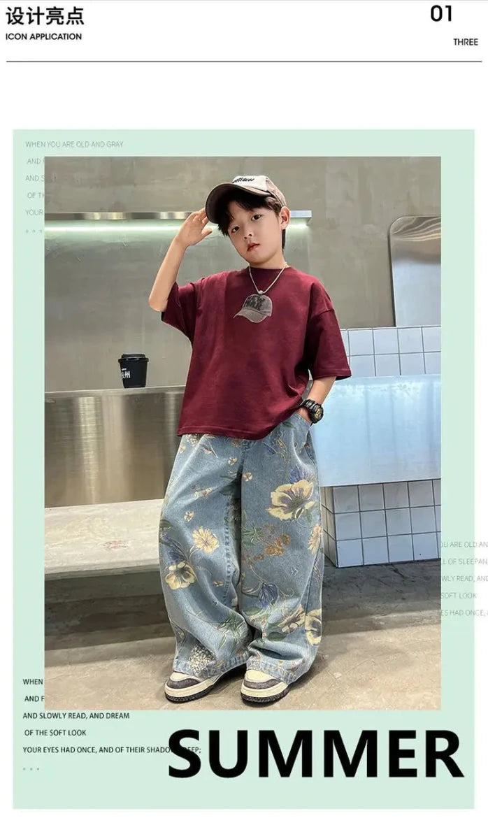 Boys' Summer Outfit Sets New Style Children's Short Sleeved T-shirt Long Pants Two-piece Suits Big Children's Stylish Sets - Mom & Kids