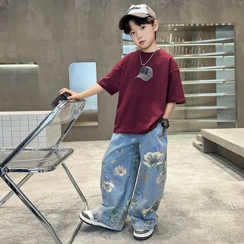Boys' Summer Outfit Sets New Style Children's Short Sleeved T-shirt Long Pants Two-piece Suits Big Children's Stylish Sets - Mom & Kids