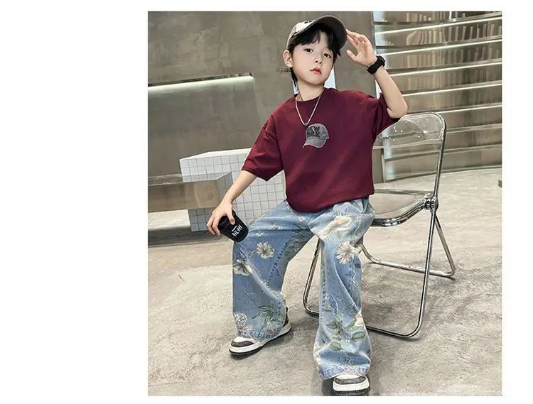 Boys' Summer Outfit Sets New Style Children's Short Sleeved T-shirt Long Pants Two-piece Suits Big Children's Stylish Sets - Mom & Kids