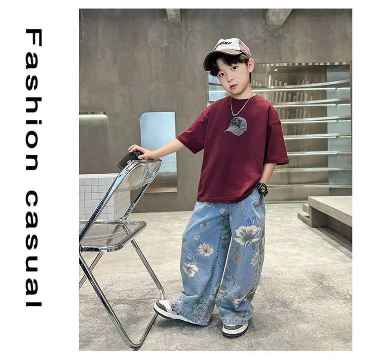 Boys' Summer Outfit Sets New Style Children's Short Sleeved T-shirt Long Pants Two-piece Suits Big Children's Stylish Sets - Mom & Kids