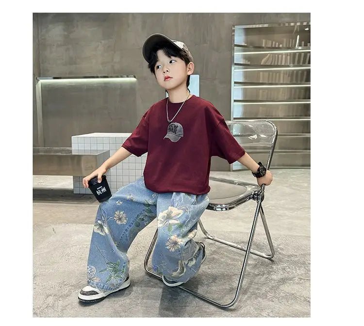 Boys' Summer Outfit Sets New Style Children's Short Sleeved T-shirt Long Pants Two-piece Suits Big Children's Stylish Sets - Mom & Kids