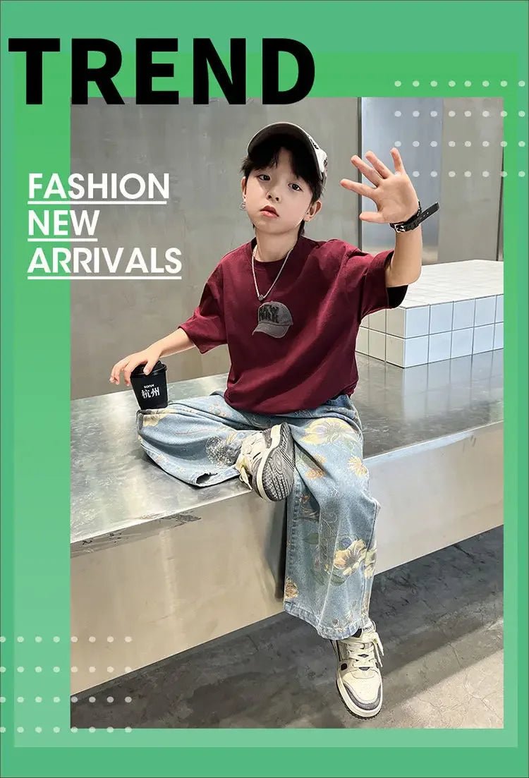 Boys' Summer Outfit Sets New Style Children's Short Sleeved T-shirt Long Pants Two-piece Suits Big Children's Stylish Sets - Mom & Kids