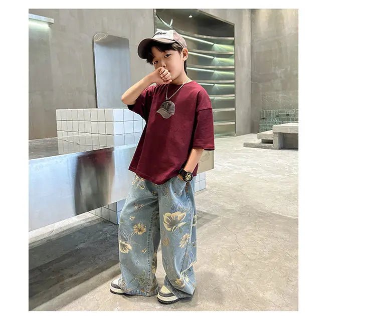 Boys' Summer Outfit Sets New Style Children's Short Sleeved T-shirt Long Pants Two-piece Suits Big Children's Stylish Sets - Mom & Kids