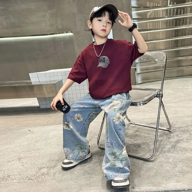 Boys' Summer Outfit Sets New Style Children's Short Sleeved T-shirt Long Pants Two-piece Suits Big Children's Stylish Sets - Mom & Kids