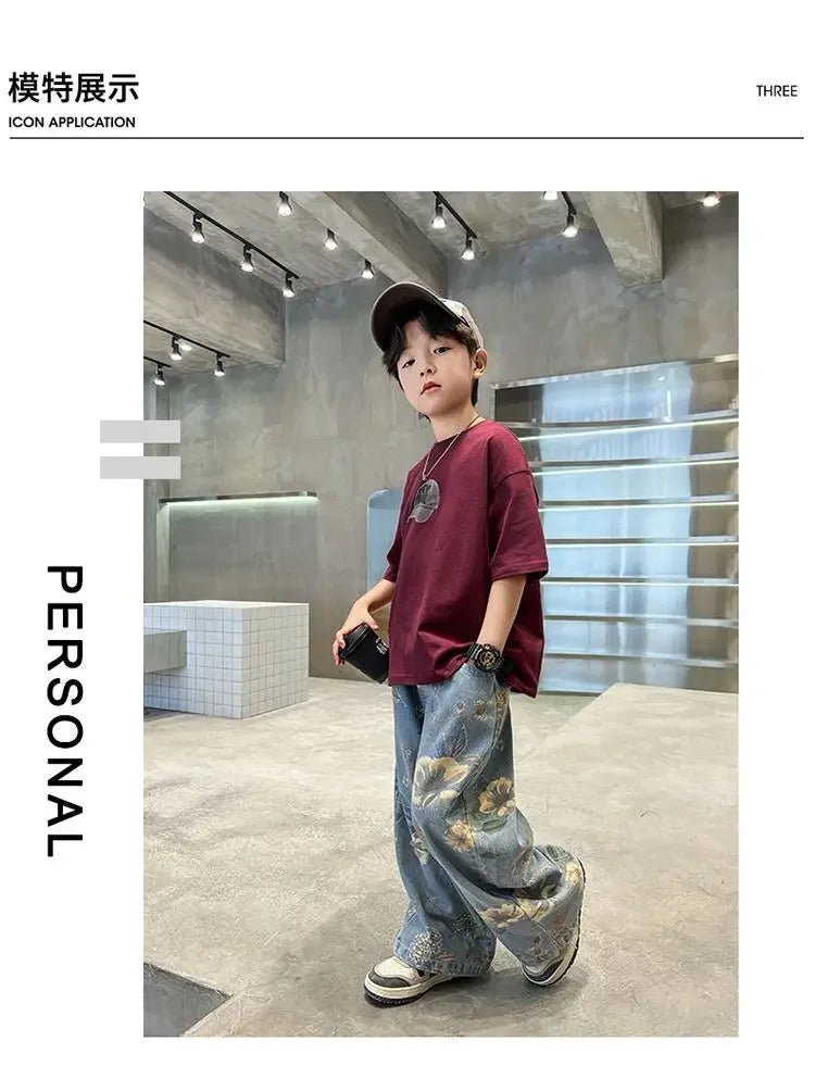Boys' Summer Outfit Sets New Style Children's Short Sleeved T-shirt Long Pants Two-piece Suits Big Children's Stylish Sets - Mom & Kids