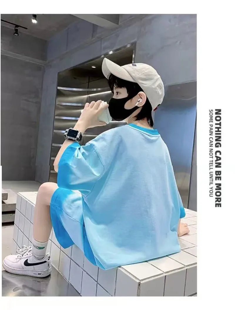 Boys Summer Suits Loose and casual Clothes Fashion Short Sleeves Shirt Shorts Outfits Children Top+Pants Sets 2pcs 4-18T - Mom & Kids