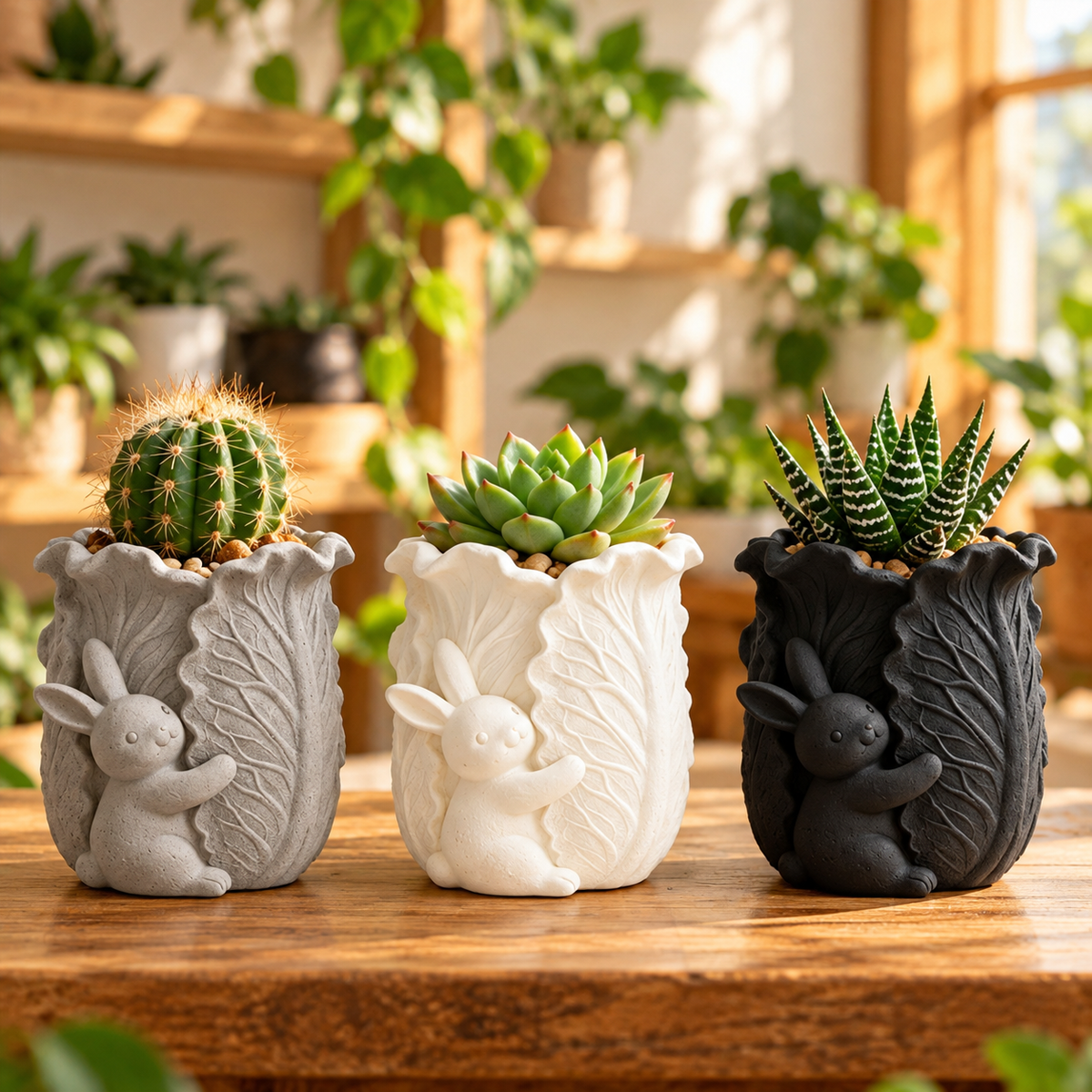 Small bunny and leaf embossed planter in grey white and black with cactus and succulents