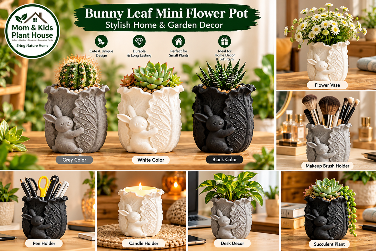 Bunny leaf planter in grey white black shown as flower vase, succulent pot, pen holder, makeup brush holder and candle holder