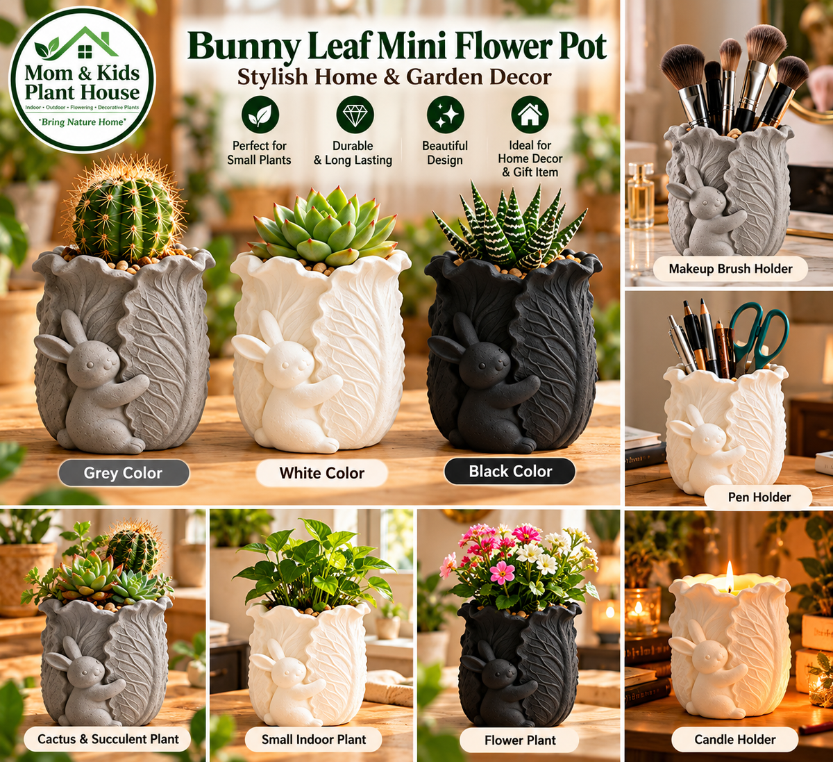 Bunny leaf mini pot for cactus succulent indoor plants pen holder makeup brush holder and candle holder