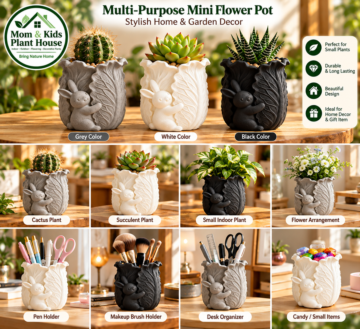 Bunny leaf mini flower pot in grey white black for cactus succulent flowers stationery and makeup brushes
