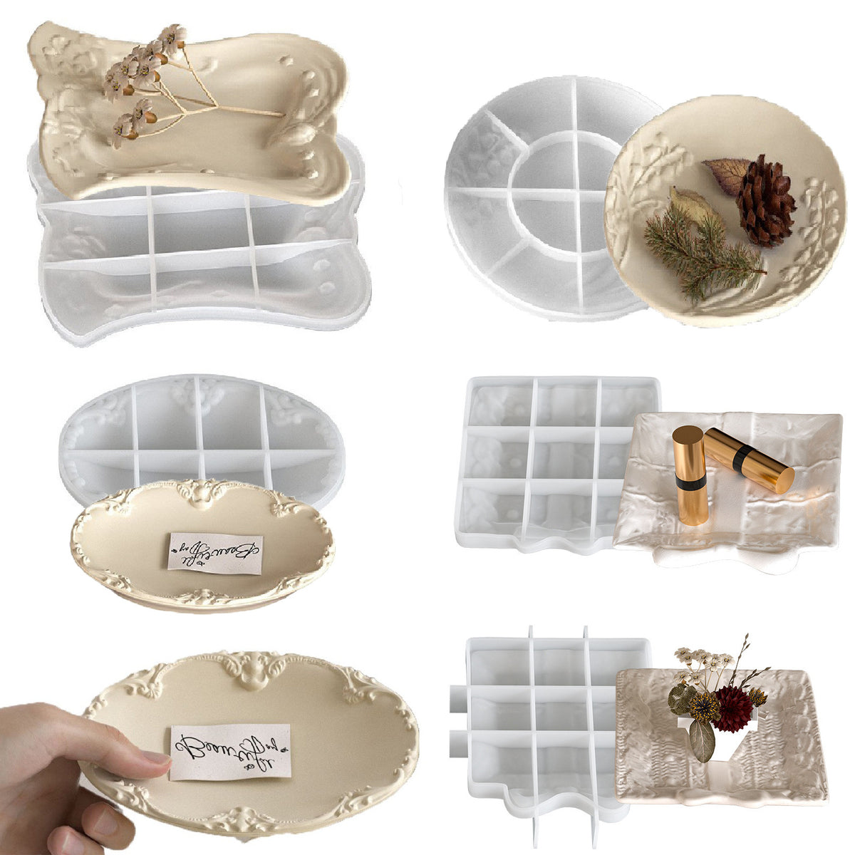 European Hand-Painted Henna Style Tray Resin Silicone Mold Glue DIY Relief Pattern Plaster Dish Storage Tray