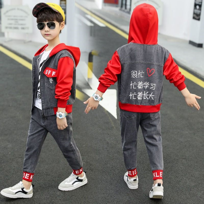 Boys' Suit 2026 Spring and Autumn New Style for 8-10 Year Old Boys, Stylish Two-Piece Denim Set for Boys - Off red…