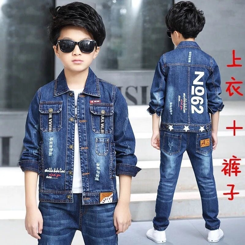 Boys' Suit 2026 Spring and Autumn New Style for 8-10 Year Old Boys, Stylish Two-Piece Denim Set for Boys - image 2