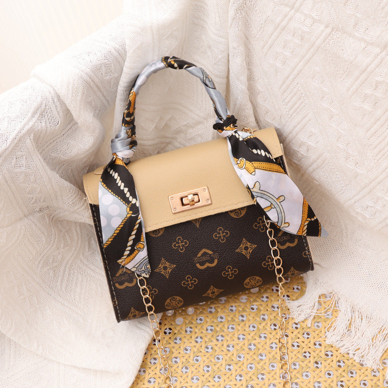 Foreign trade 2024 new ladieshandbag fresh sweet messenger bag autumn printed silk scarf Kelly bag - Apricot