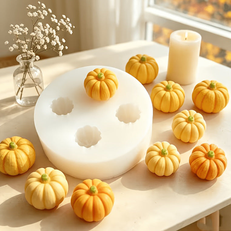 Set of four mini pumpkin silicone molds for DIY baking, creating realistic pumpkin-shaped chocolate, candy, and cake molds…