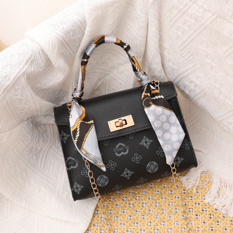 Foreign trade 2024 new ladieshandbag fresh sweet messenger bag autumn printed silk scarf Kelly bag - Black