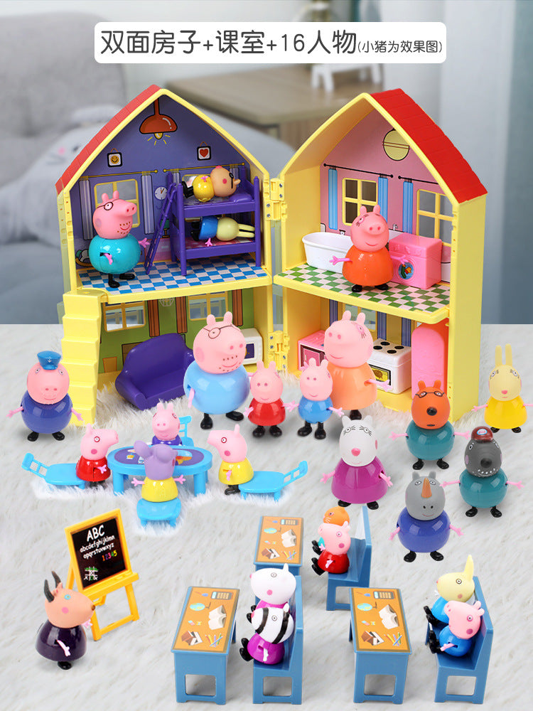 Peppa Pig Toy Play House Double-Sided House Educational Doll for Girls Boys Children's Day Gift - Double-sided house + 16…