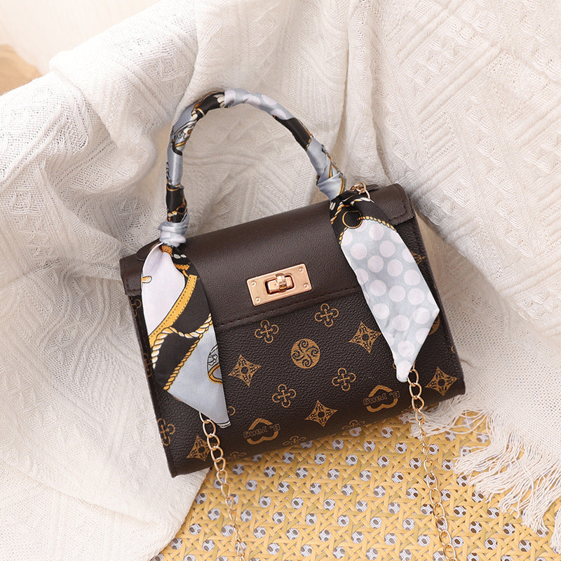 Foreign trade 2024 new ladieshandbag fresh sweet messenger bag autumn printed silk scarf Kelly bag - Brown1