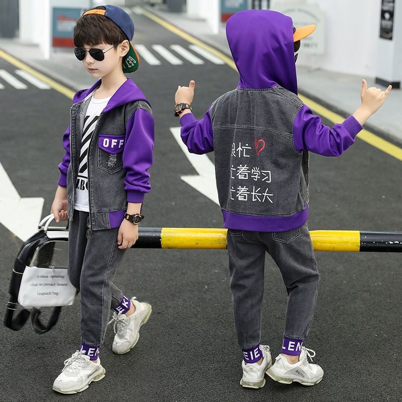 Boys' Suit 2026 Spring and Autumn New Style for 8-10 Year Old Boys, Stylish Two-Piece Denim Set for Boys - Off purple…