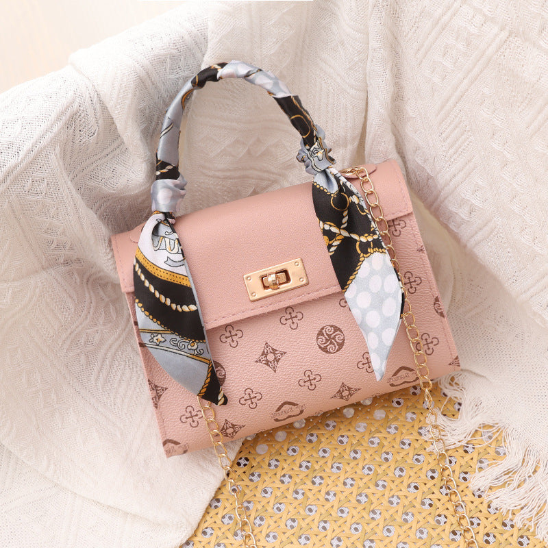 Foreign trade 2024 new ladieshandbag fresh sweet messenger bag autumn printed silk scarf Kelly bag - Pink