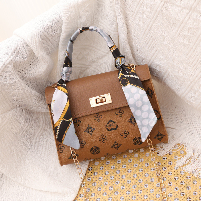 Foreign trade 2024 new ladieshandbag fresh sweet messenger bag autumn printed silk scarf Kelly bag - Brown2