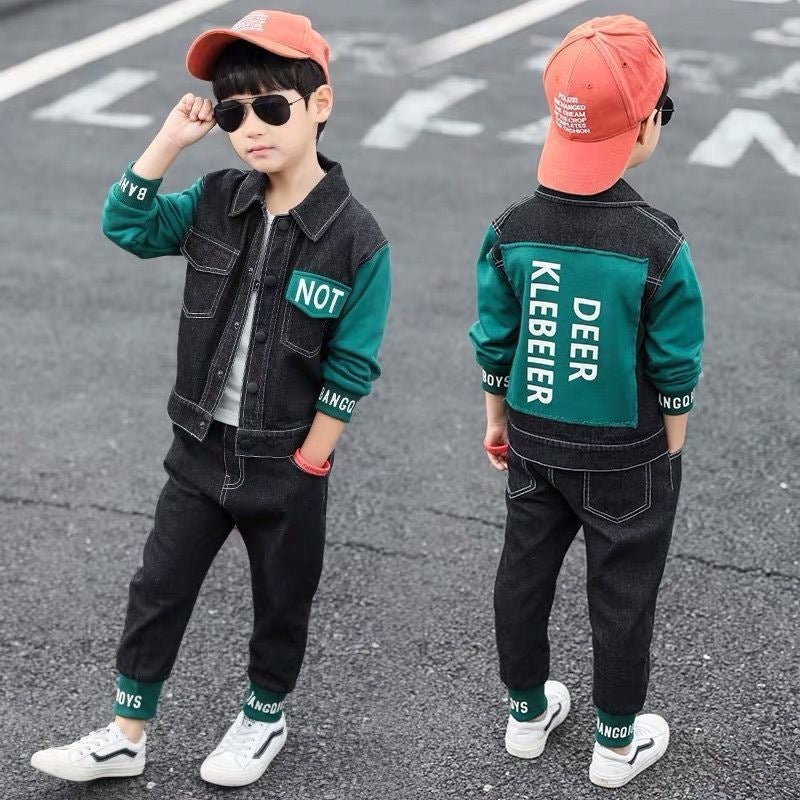 Boys' Suit 2026 Spring and Autumn New Style for 8-10 Year Old Boys, Stylish Two-Piece Denim Set for Boys - Green and black…