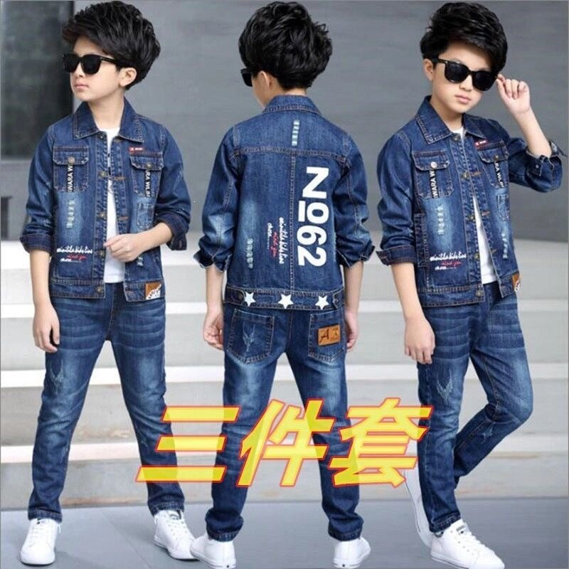 Boys' Suit 2026 Spring and Autumn New Style for 8-10 Year Old Boys, Stylish Two-Piece Denim Set for Boys