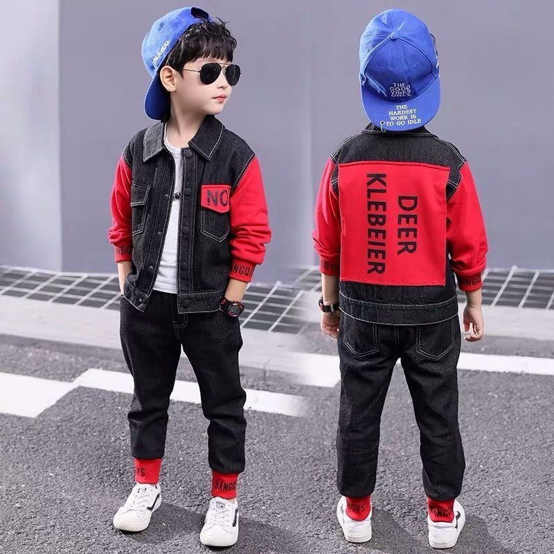 Boys' Suit 2026 Spring and Autumn New Style for 8-10 Year Old Boys, Stylish Two-Piece Denim Set for Boys - Red and black…