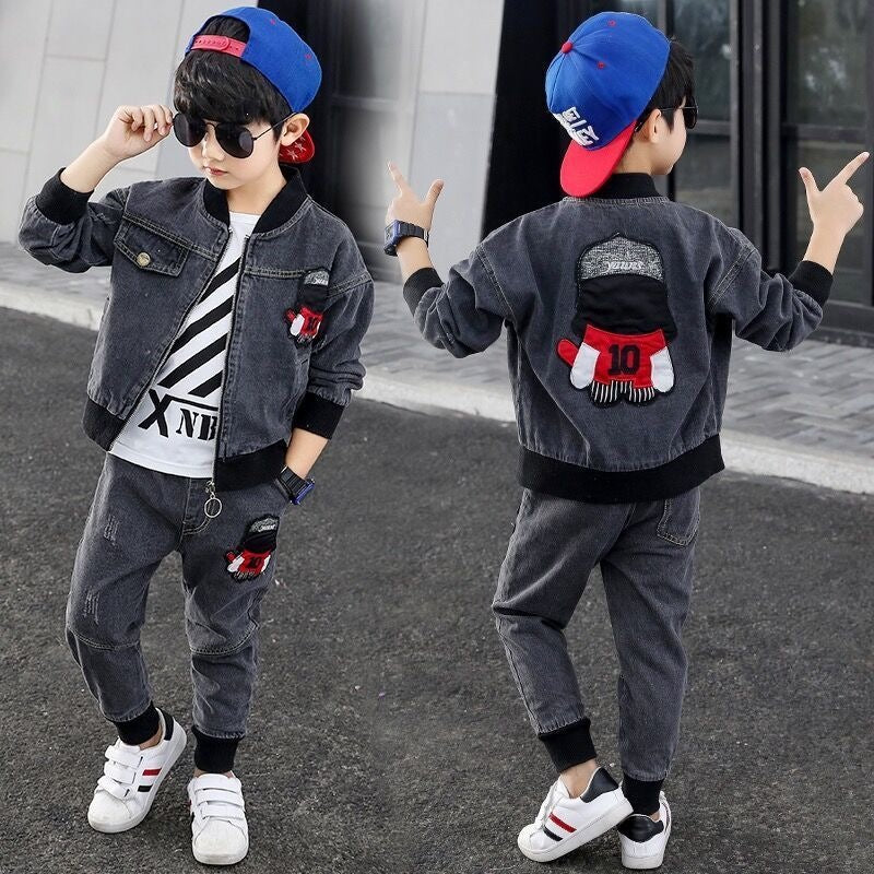 Boys' Suit 2026 Spring and Autumn New Style for 8-10 Year Old Boys, Stylish Two-Piece Denim Set for Boys - 10 black-grey…