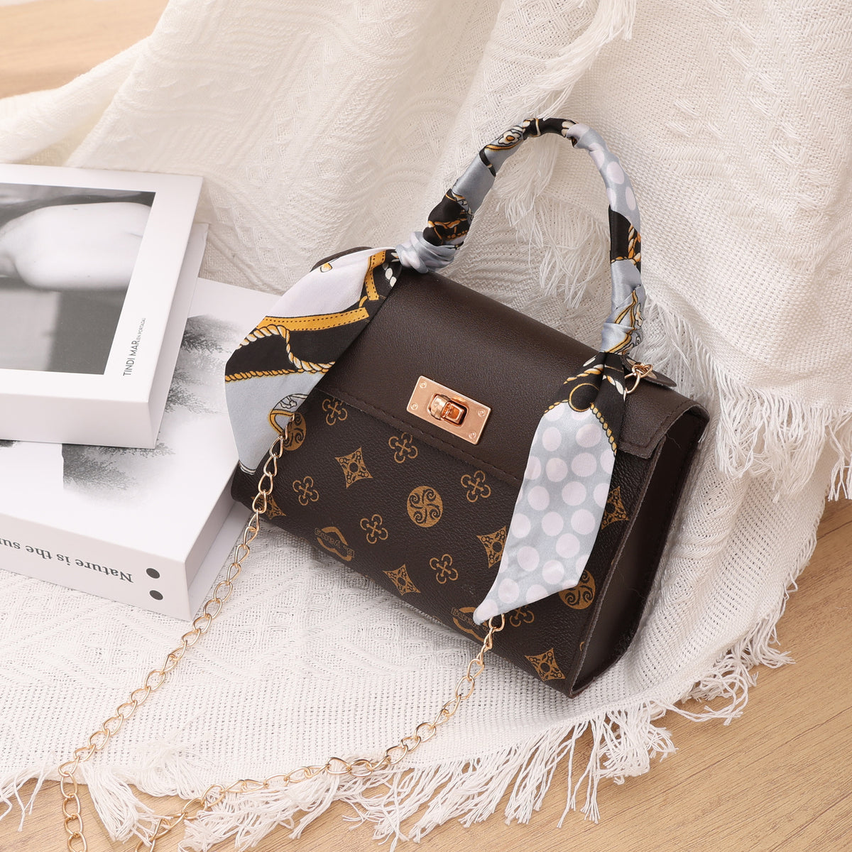 Foreign trade 2024 new ladieshandbag fresh sweet messenger bag autumn printed silk scarf Kelly bag - image 2
