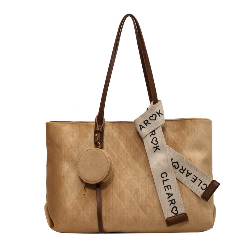 Cross-Border Hot-Selling Women's Large-Capacity 2026 New Matte Retro Suede Shoulder Bag Trendy Fashion Tote Bag - Light khaki