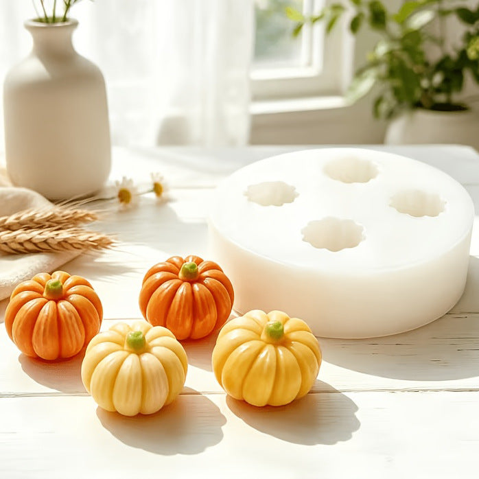 Set of four mini pumpkin silicone molds for DIY baking, creating realistic pumpkin-shaped chocolate, candy, and cake molds…