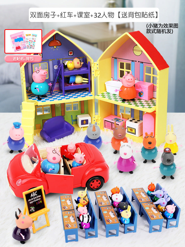 Peppa Pig Toy Play House Double-Sided House Educational Doll for Girls Boys Children's Day Gift - Double-sided house + red…