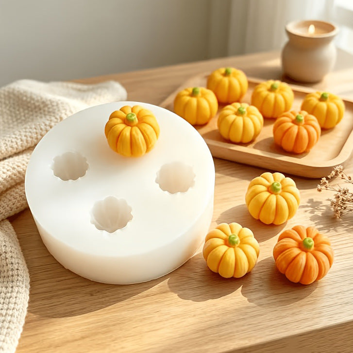 Set of four mini pumpkin silicone molds for DIY baking, creating realistic pumpkin-shaped chocolate, candy, and cake molds